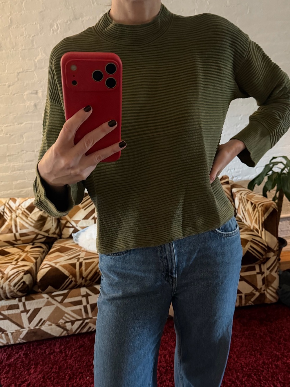 Anthropologie Olive Ribbed Mock Neck Sweater Top - Women